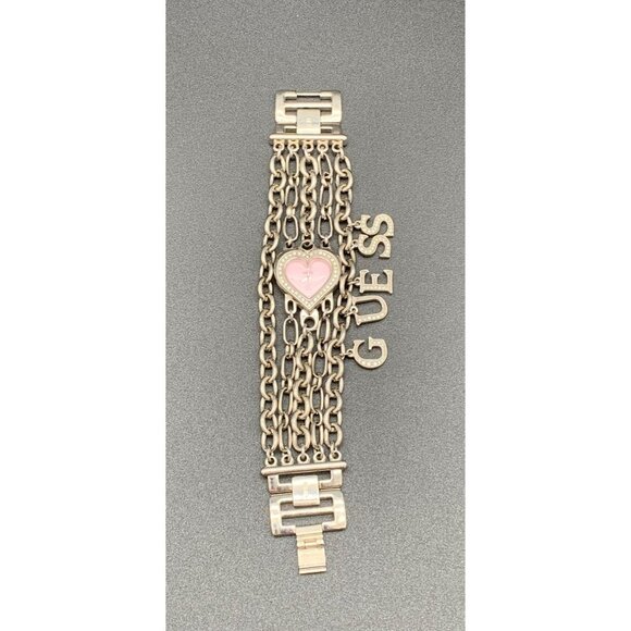 VTG Rare Y2K Guess Silver Tone Chain Pink Heart Watch Bracelet Charms 90s - Picture 5 of 10